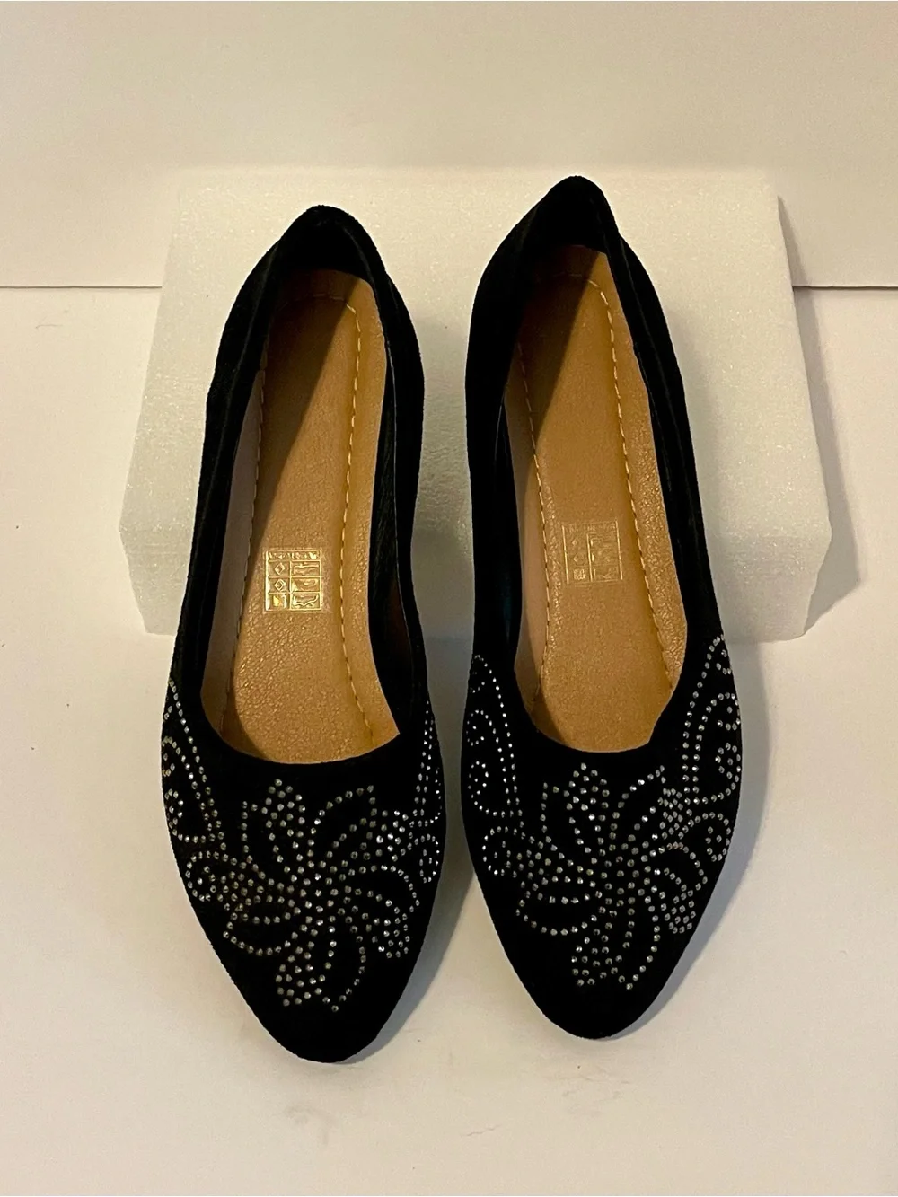 Black Rhinestone Studded Pointed-Toe Women's Flats